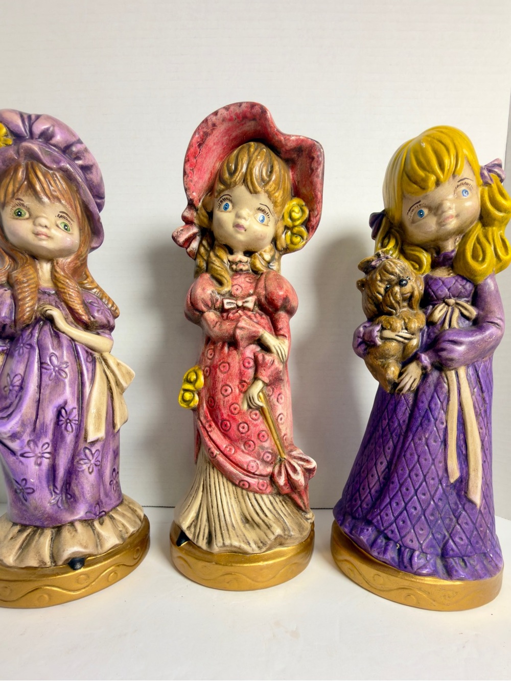 Vtg 1970s Big Eye Ceramic Prairie Girl Figurines Lot 3 Bonnet Holly Hobbie Boho